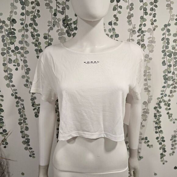 Koral White Cropped Tee Small Logo Boxy Fit Soft Stretch Cut Tag NWT - Picture 3 of 8